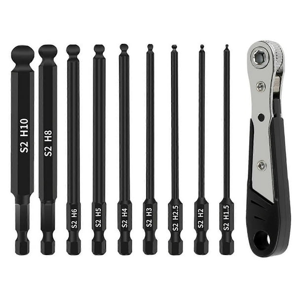 10Pcs Set H1.5 2 2.5 3 4 5 6 8 10 Ball Head Hex Shank Magnetic Screwdriver Bits with Mini Ratchet Wr