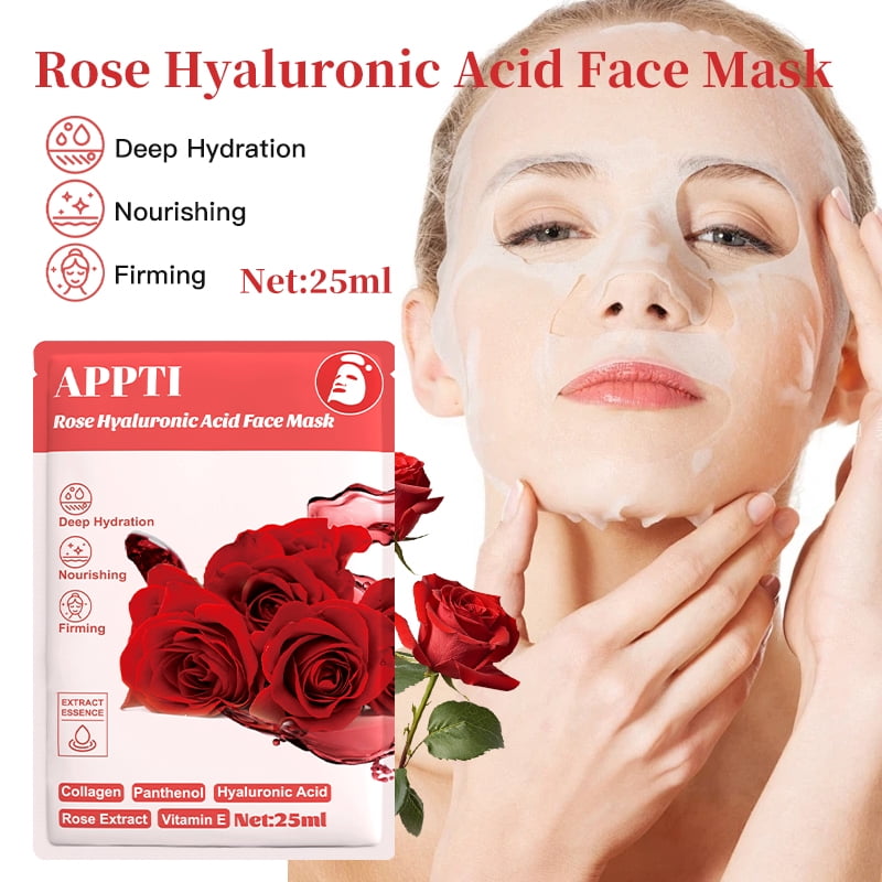20PCS APPTI Rose Hyaluronic Acid Face Mask – Hydrating & Soothing Treatment with Rose Extract for Plump, Nourished & Calm Skin with a Dewy, Healthy Glow.
