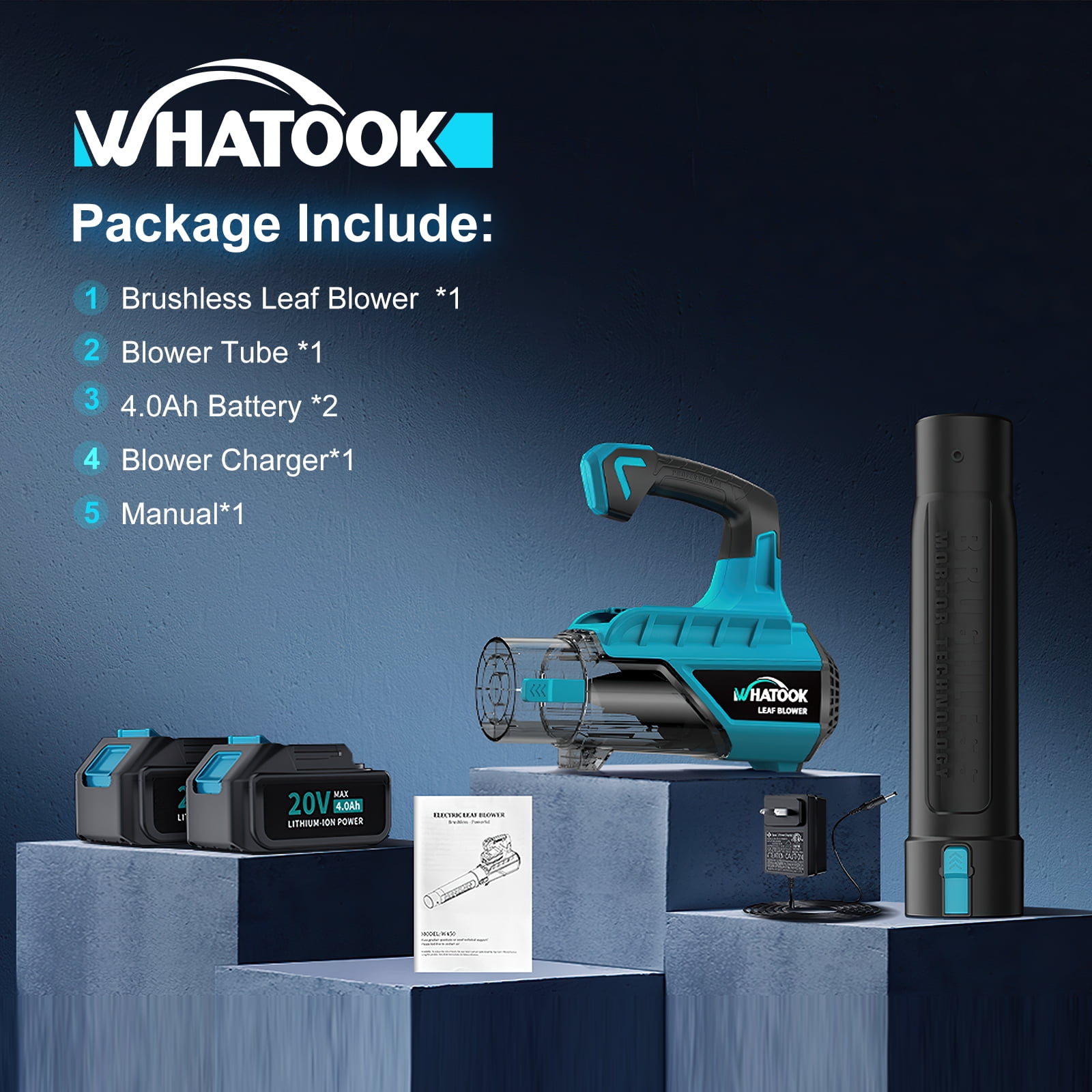 WHATOOK 20V Cordless Leaf Blower with 2 X 4.0Ah Batteries & Charger, Blushless Motor Electric Leaf Blowers for Lawn Care 450 CFM 120MPH for Snow Blowing Garden Cleaning