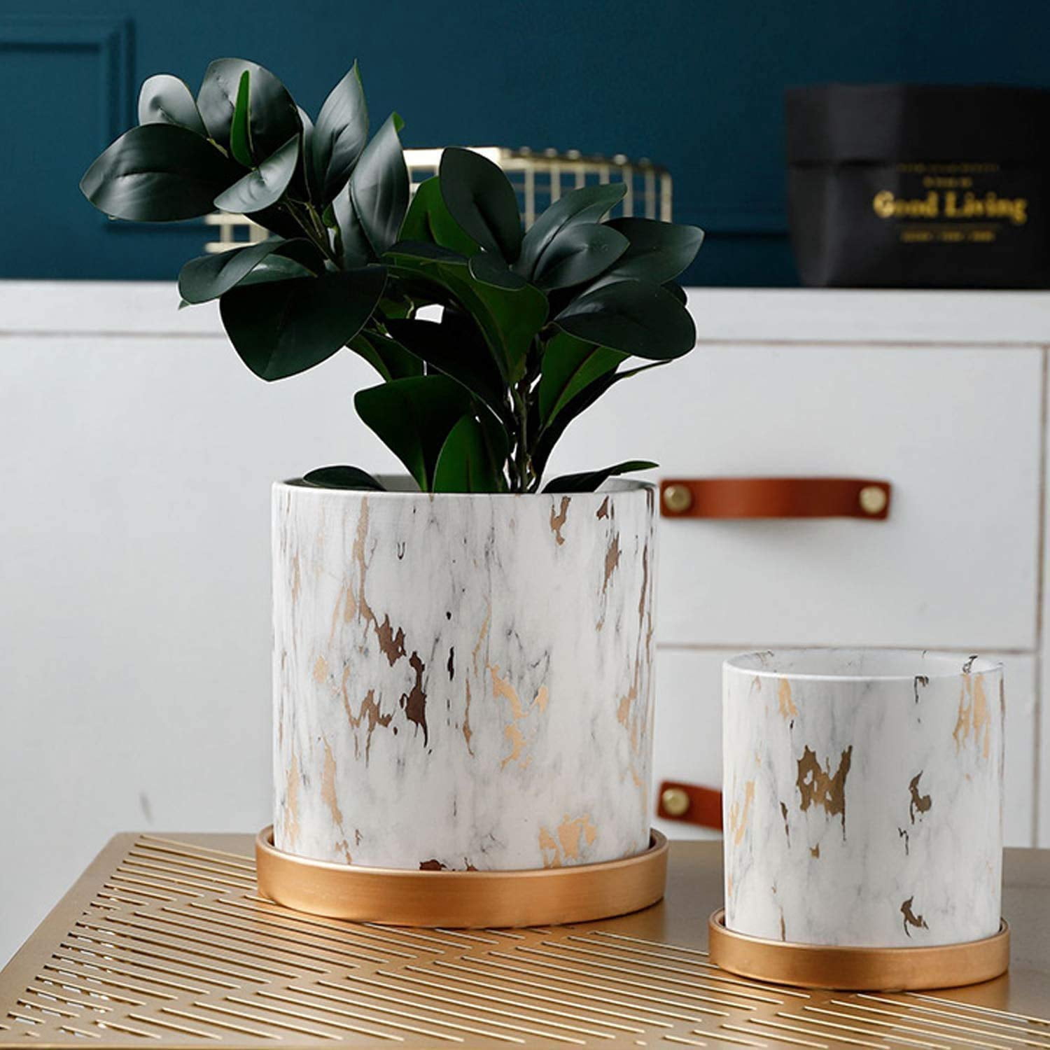 EHWINE Flower Plant Pots, 5.3 Inch +4.2 Inch Indoor Ceramic Flower Pots Modern Marble Look Scrub Pots with Drainage Hole and Ceramic Tray for Flowers/Plants/Succulents
