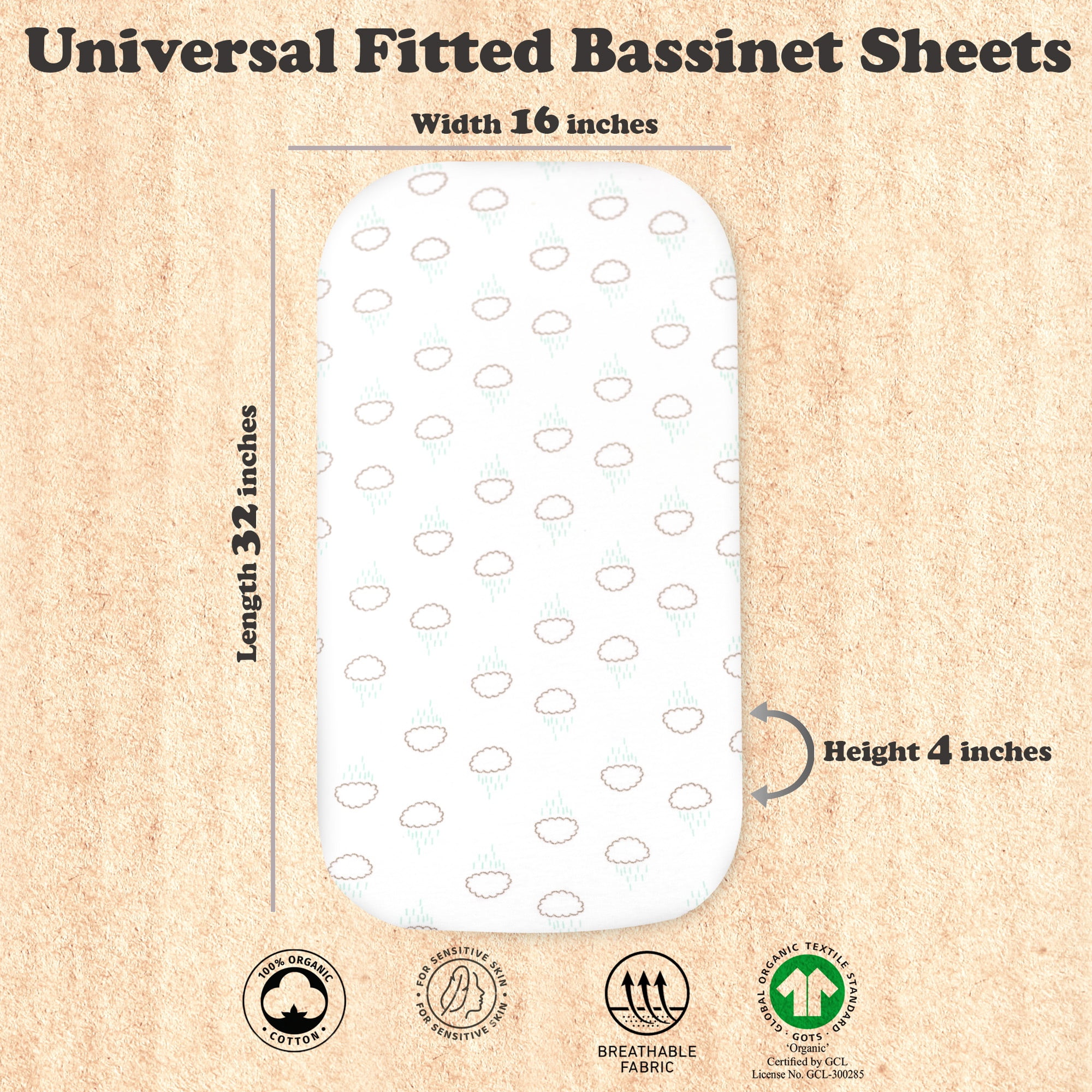 Bublo Baby 3-Pack Organic Cotton Bassinet Fitted Sheets, 32x16x4 – Fits Halo, Snoo, Graco, Dream On Me, Delta – Soft, Breathable Sheets for Oval, Hourglass & Rectangular Bassinet Pads