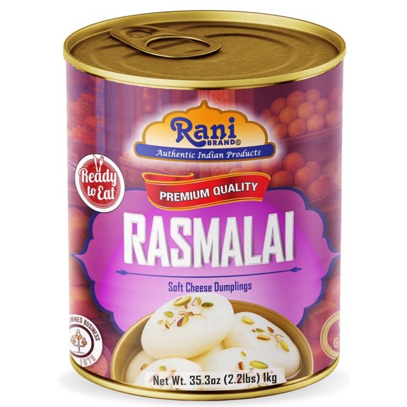 Rani Rasmalai (Soft Cheese Dumplings) 35.3oz (2.2lbs) 1kg, Approximately 14 pieces, Easy Open Lid ~ Ready to eat | Gluten Free | Non-GMO | Kosher | Indian Origin