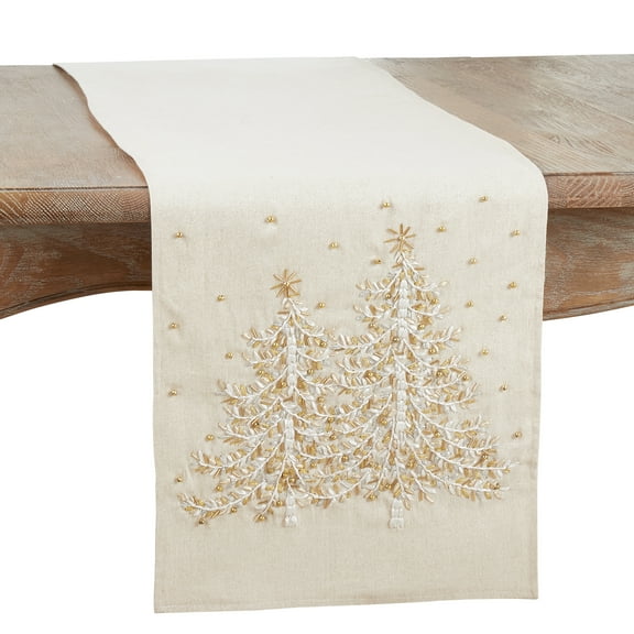 Saro Lifestyle  14 x 72 in. Embroidered Christmas Tree Oblong Table Runner, Natural