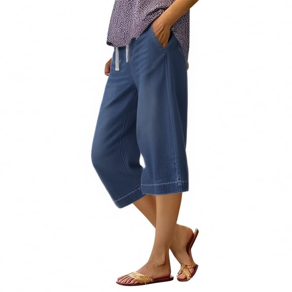 Women's Denim Capri Pants, Elastic Waist Drawstring Jeans, Relaxed Fit Cropped Straight Leg Trousers with Pockets, Soft Casual Denim Bottoms