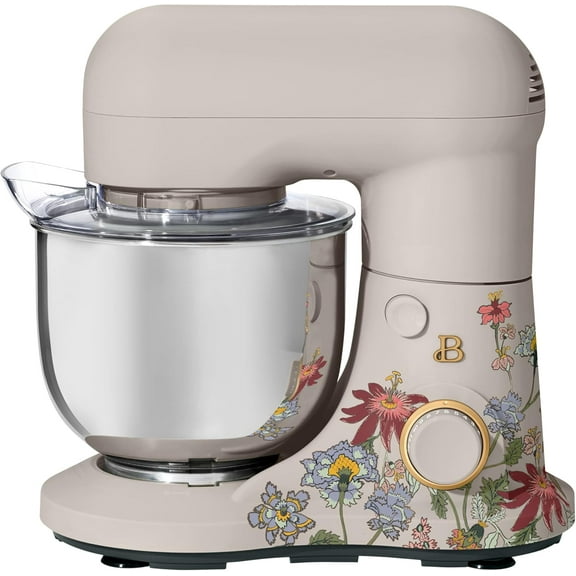 Beautiful 3.5 Qt Stand Mixer with Flat Beater, Dough Hook, Balloon Whisk, Wildflower Porcini Taupe