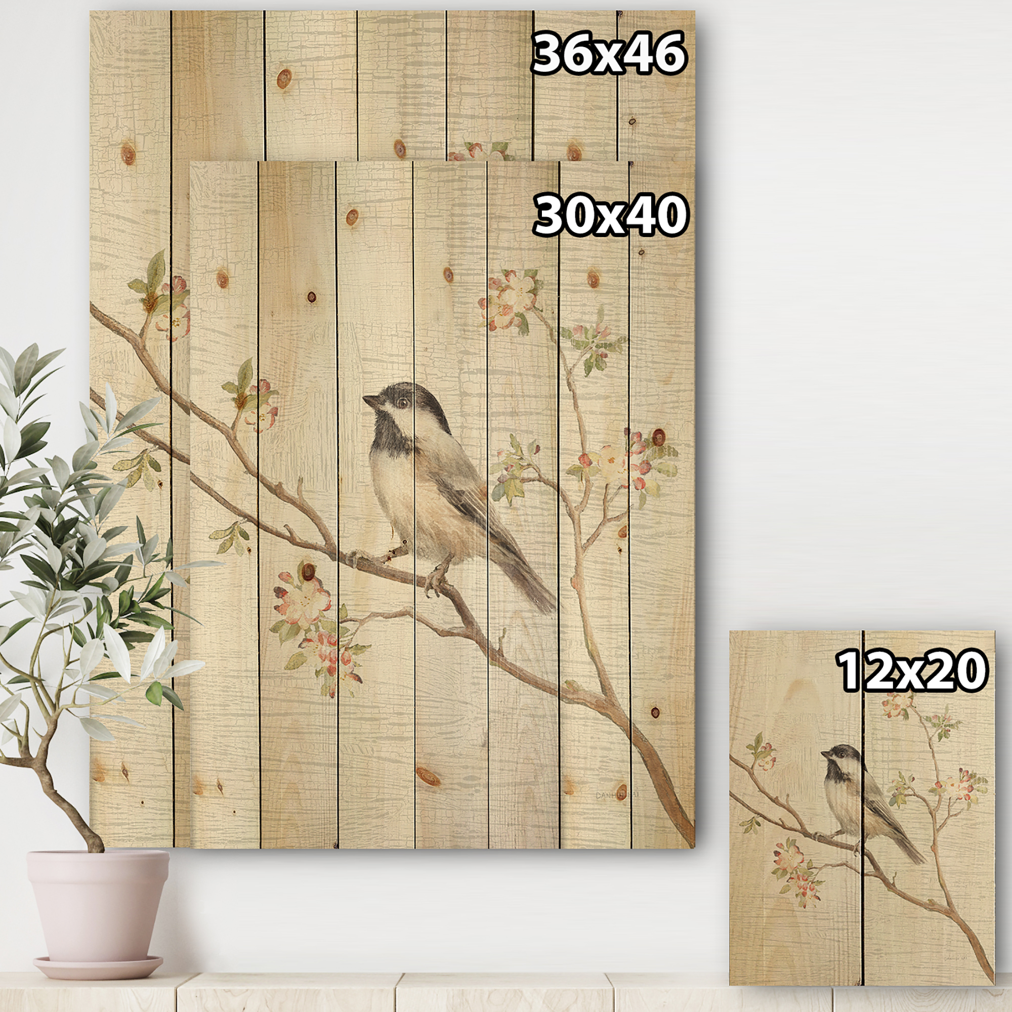 Designart 'Birds on Blossom I' Farmhouse Print on Natural Pine Wood