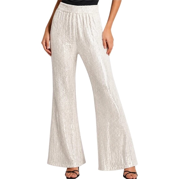 hoksml Women's Sequin Flare Pants, Elastic Waist Solid Color Dressy Trousers