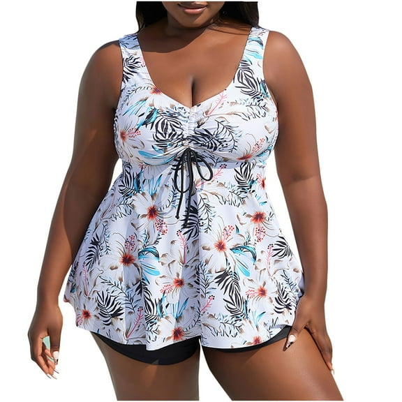 WREESH Womens Tankini Swimsuit Plus Size Fashion Printed Swimwear Two Piece Multicolor Cover Up Swimsuit Set Beach Bathing Suit White