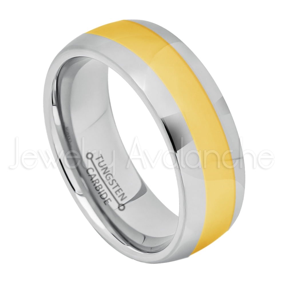 2tone Dome Tungsten Ring 8mm Polished Finish Yellow Gold Plated