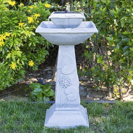 Lighted Punch Fountain - Best Choice Products 2-Tier Outdoor Pedestal Solar Bird Bath Fountain Decoration w/ LED Lights, Integrated Panel, Engraved Flower Accents for Lawn and Garden - Gray
