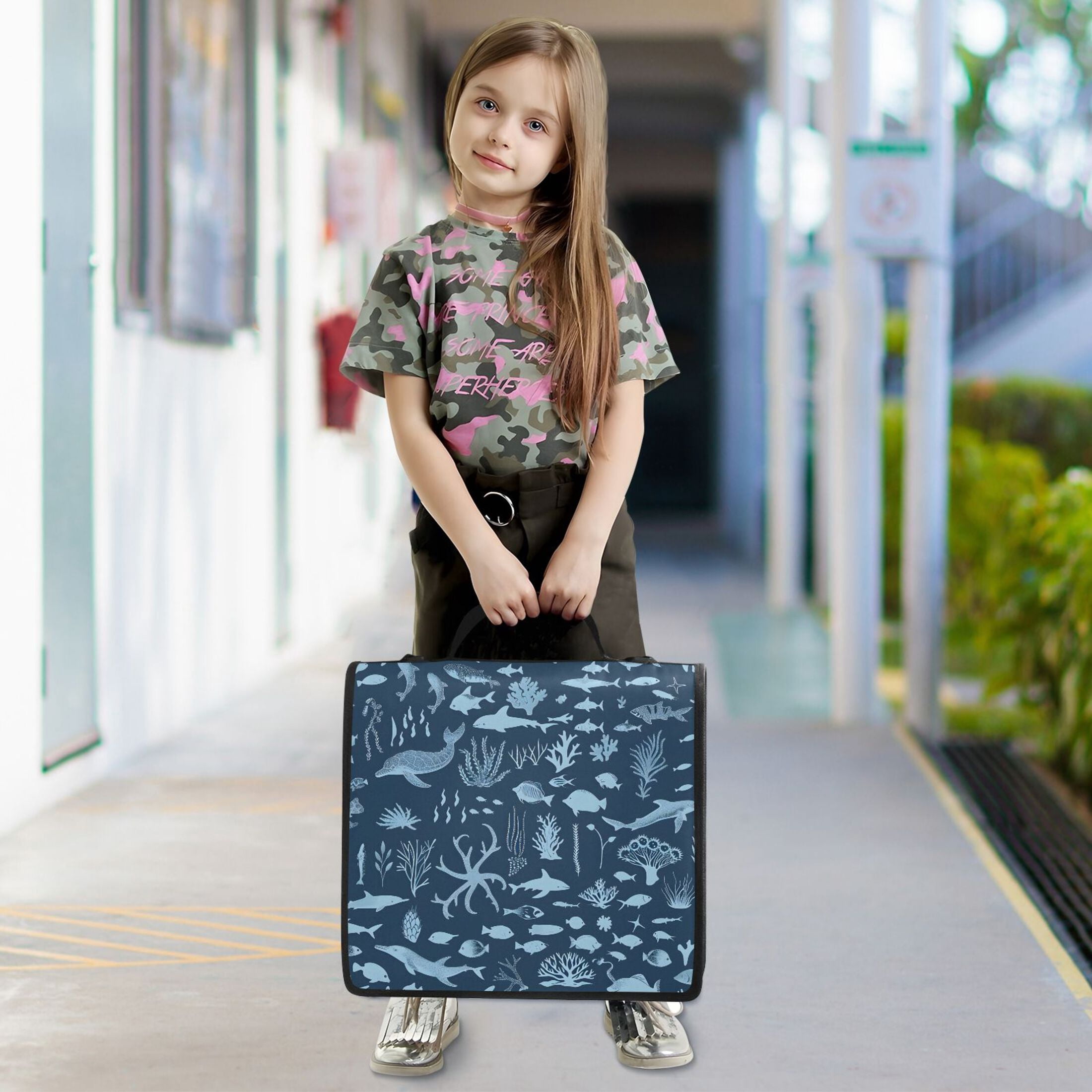 3 Ring Zipper Binder with Shoulder Strap Waterproof Trapper Keeper 2 Inch D-Ring 500 Sheets Capacity Marine Life Silhouettes