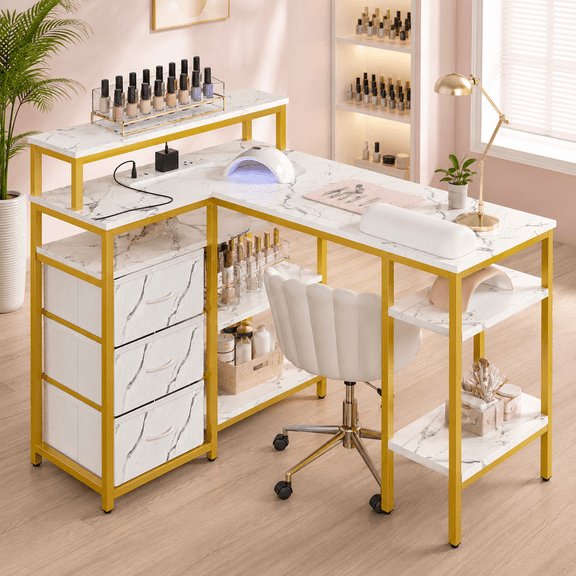 Doyolan L-Shaped Manicure Table with Built-in Power Outlet, Nail Tech Desk with 3 Fabric Drawers, Large Nail Station Desk with Storage Shelves for Home Salon, White Marble & Gold