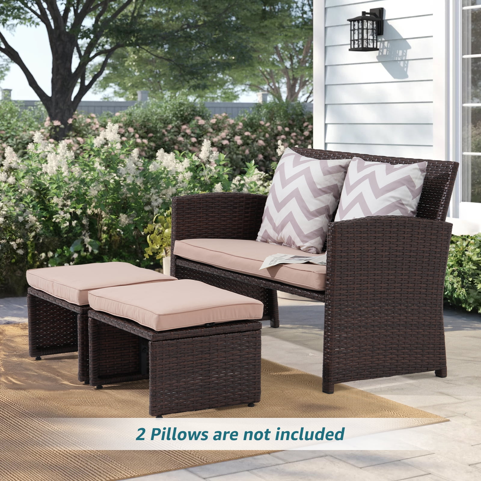 JOIVI 3 Piece Outdoor Loveseat, Patio Furniture Set with Ottoman, Brown Rattan, Beige Cushion