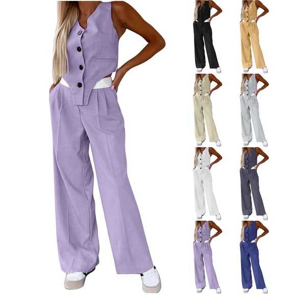 CHUMUD Women's 2 Piece Outfits Linen Vest Waistcoat Dressy Casual Sets Wide Leg Elastic Waist Pants Suits Solid Tracksuits Summer Going Out