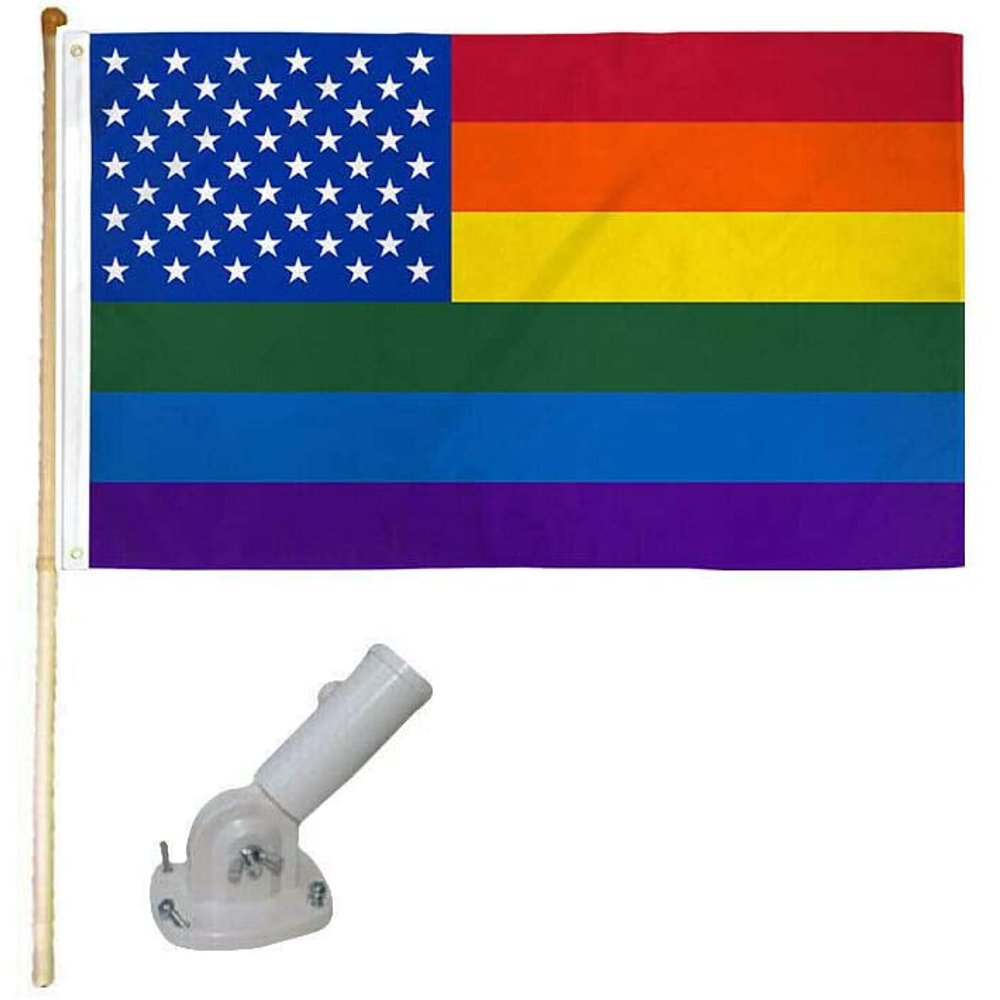 5' Wooden Flag Pole Kit White Bracket 3x5 USA Rainbow Stars Poly Flag