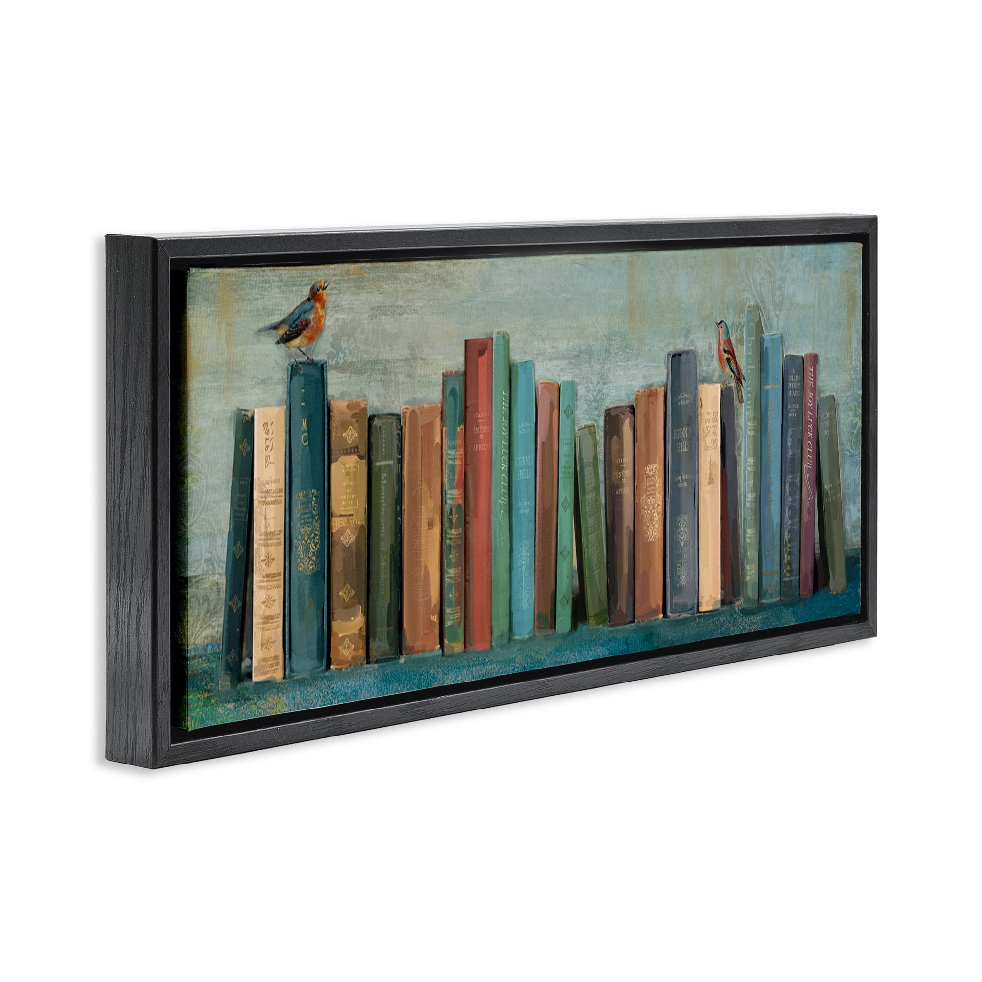 Stupell Industries Books And Birds Bookshelf Painting Animals & Insects Painting Black Floater Framed Canvas Art Print Wall Art, 25 x 11