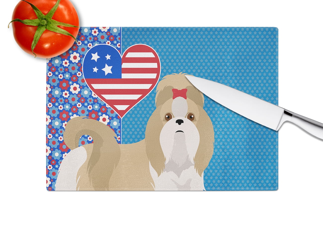 Gold and White Shih Tzu Glass Cutting Board Large 12 in x 15 in