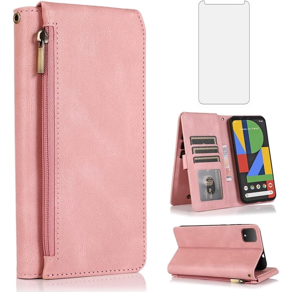 REQO Compatible avec Google Pixel 4 Étui Portefeuille Protecteur d'Écran en Verre Trempé et Fermeture Éclair Rétro Cuir Flip Étui Porte-Cartes Support Accessoires pour Pixel4 Pixle Four Femmes Hommes Or Rose
