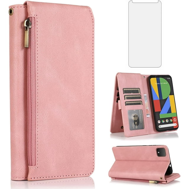 REQO Compatible with Google Pixel 4 Wallet Case Tempered Glass Screen Protector and Zipper Retro Leather Flip Cover Card Holder Stand Cell Accessories for Pixel4 Pixle Four Women Men Rose Gold