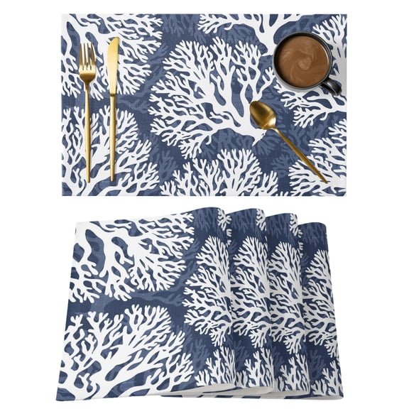 Navy Blue Coral Coastal Placemats Set of 4 Summer Nautical Ocean Beach Place Mats Indoor Wipeable Table Mats Washable Cloth Dining Table Placemats for Kitchen Holiday Party Home Decor 13x19 Inch