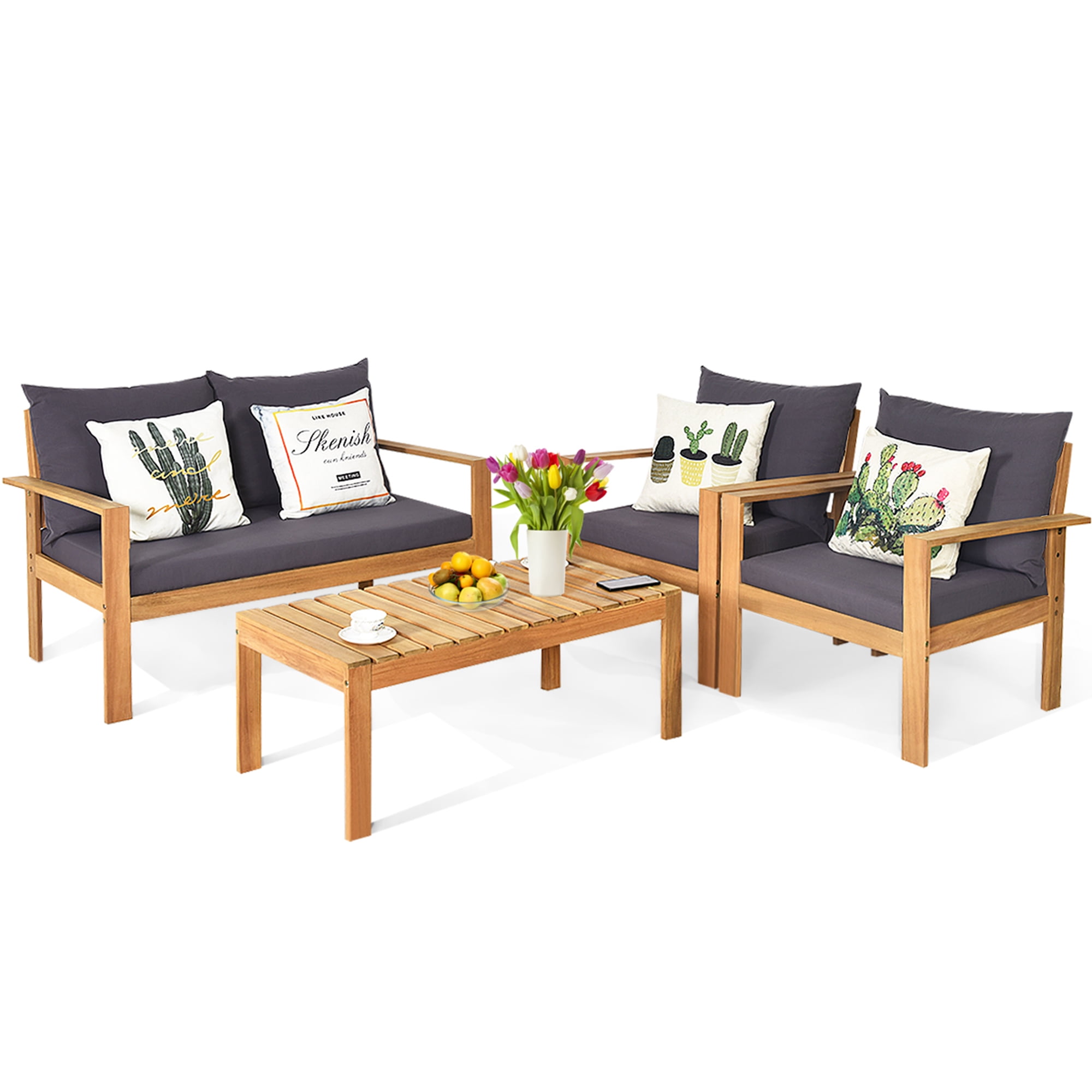Topbuy 4 PCS Outdoor Acacia Wood Conversation Sofa Table Furniture Set