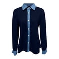 thumbnail image 4 of Summer Tops, Duoif Women's Denim Patchwork Button Down, Long Sleeve Casual Shirts for Women Navy M, 4 of 4