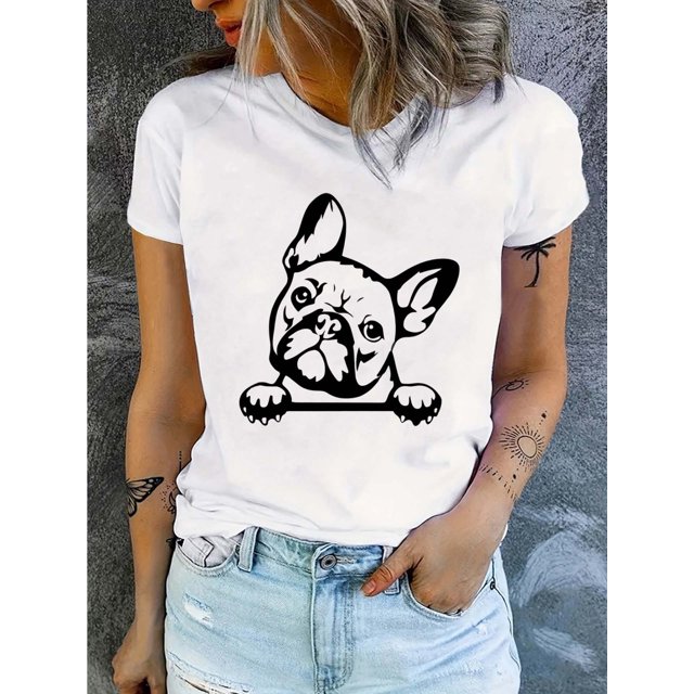 Summer Short Sleeve Crew Neck Dog Print T-shirt - Casual Top for Women - Spring