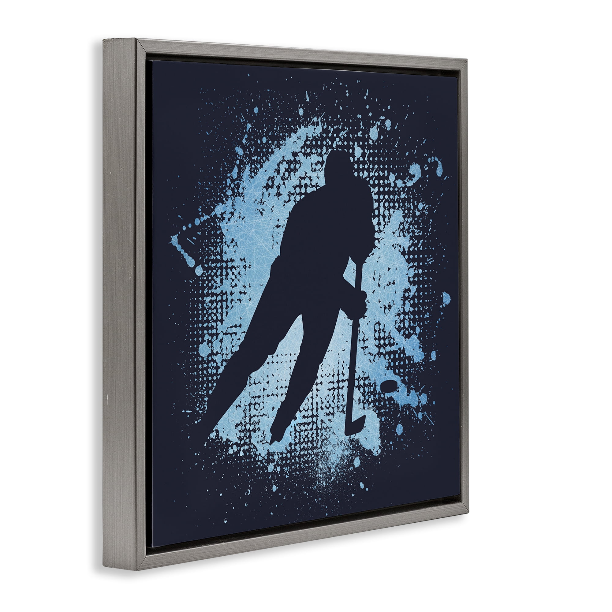 Stupell Industries Hockey Stance Blue Splash Sports Painting Gray Floater Framed Art Print Wall Art, 25 x 25