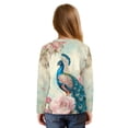 thumbnail image 2 of Xoenoiee Peacock Flower Print Kids Long Sleeve Shirt with Tie Knot Front Girls Pullover Top Loose Round Neck Blouse Drop Shoulder Fall Clothes, 9-10 Year, 2 of 7