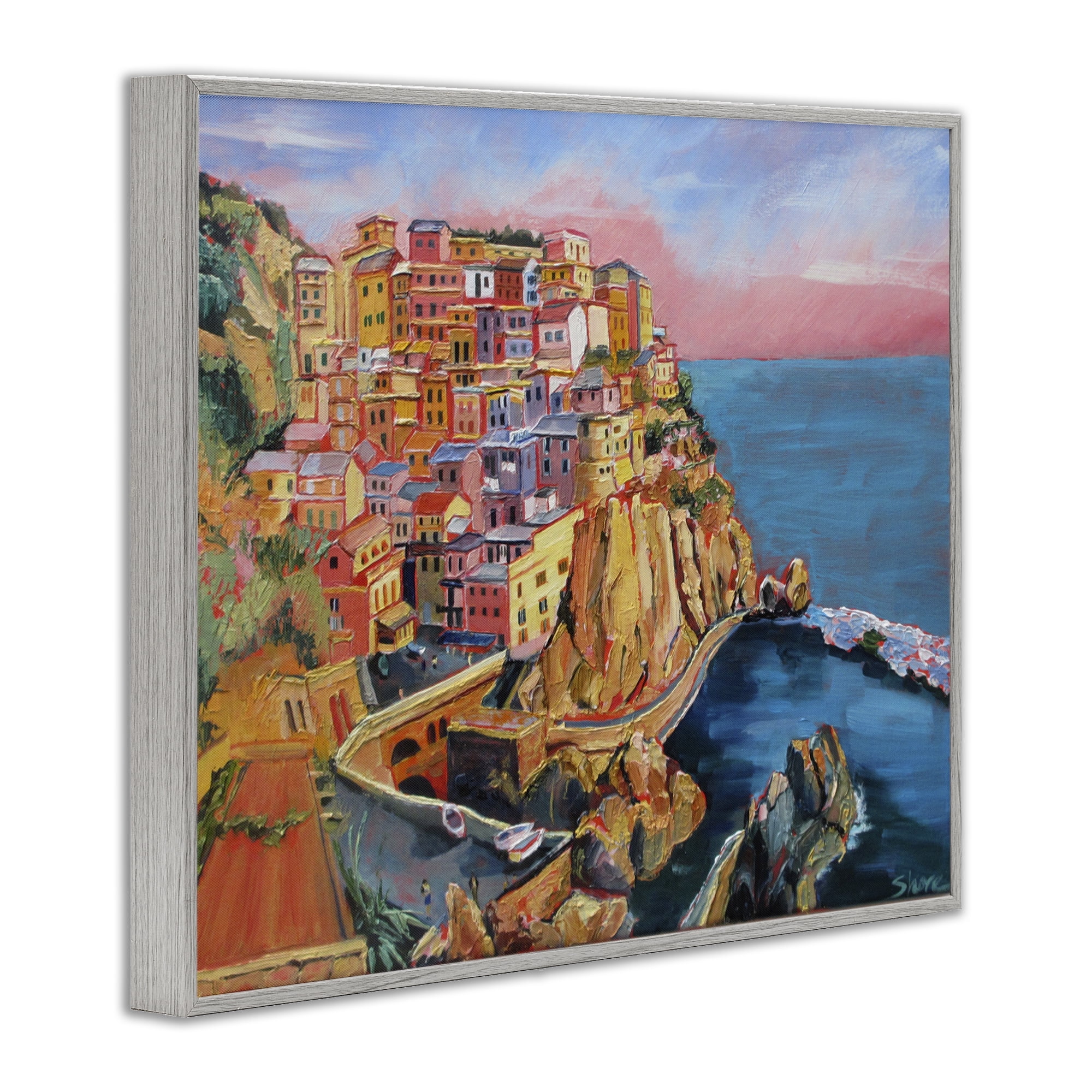 Stupell Industries Cinque Terre Seascape Architecture Gray Framed Giclee Art, design by Maxine Shore