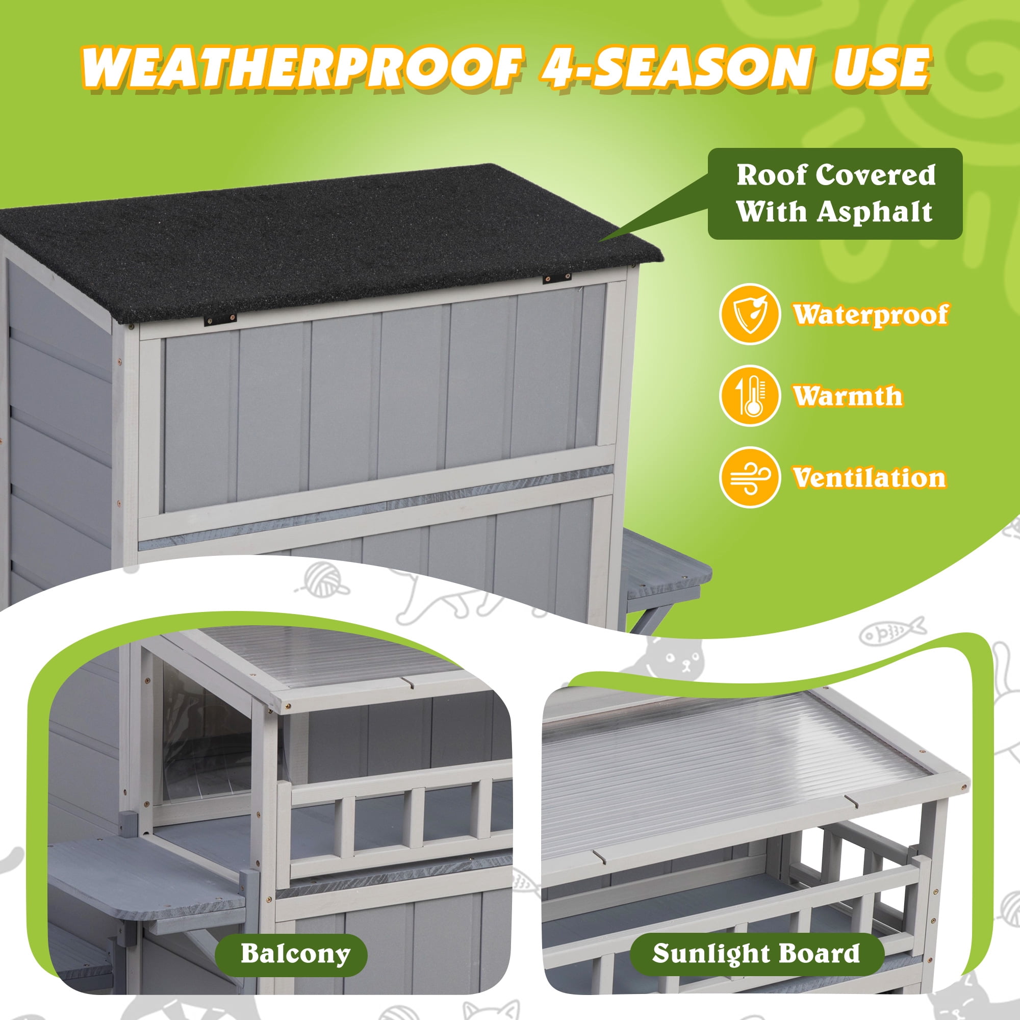 2-Tier Warm Wood Cat Shelter with Sunlight Roof, Outdoor Kitty Cat House, Balcony, Jumping Platforms, Kitty Pet Porch Enclosure, Weatherproof Outside