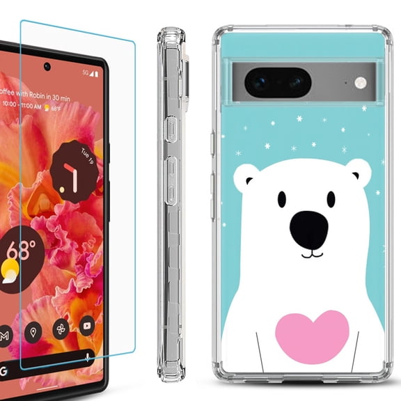 Shockproof Bumper Phone Case for Google Pixel 7, with Tempered Glass Screen Protector, by OneToughShield ® - Pola Bear