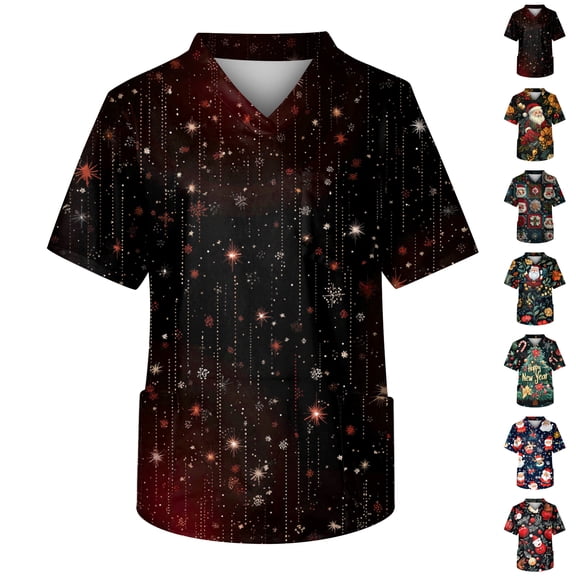 Men's Christmas Scrub Tops Short Sleeve V Neck Nursing Scrubs Medical Uniform Shirt with Chest Pocket Green L