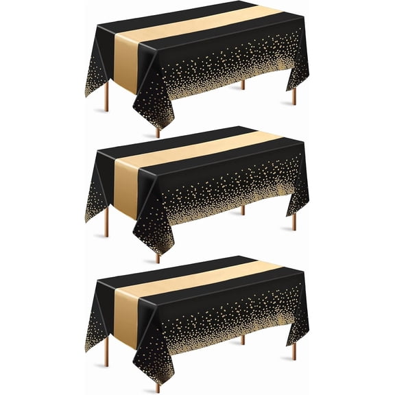 Jeffbaubl 3 Set Tablecloths and Satin Table Runner, 3 Black and Gold Dot Table Cloth 54 x 108 Inch, 3 Gold Satin Runners 11 x 108 Inch, Disposable Plastic Tablecloth for Parties Wedding Birthday