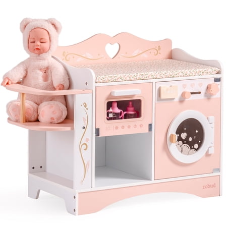 Robud Wooden 6-in-1 Baby Doll Changing Table with Baby Doll Crib, Washing Machine, Bottle Sterilizer, Storage Area, and Doll Seat, Ideal Role-Playing Toy for Kids 3 , Fits Dolls Up to 20 in, Pink