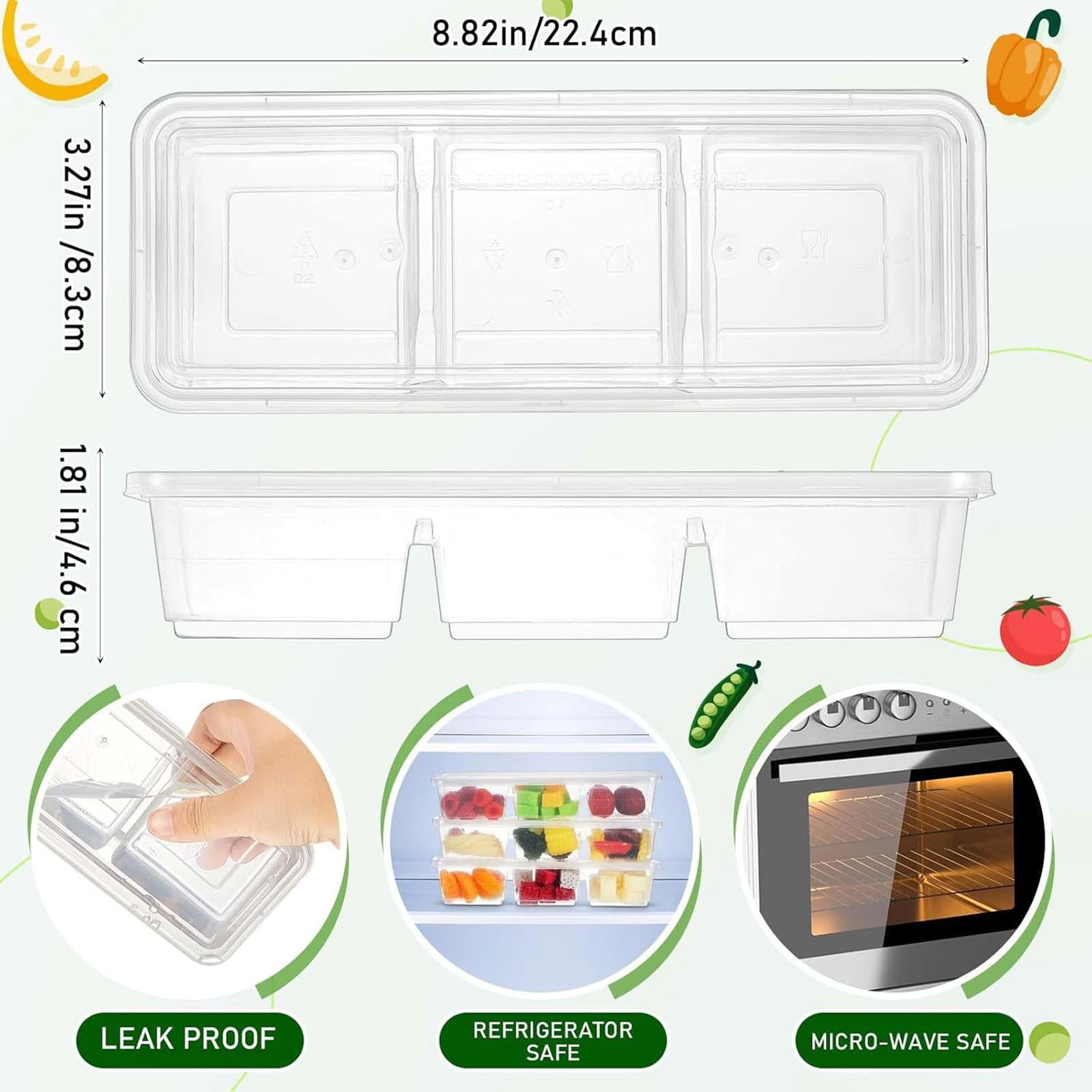 25 Pack 17 oz Small Meal Prep Containers with 3 Compartments Snack Containers with Lid Disposable Plastic Bento Box Travel Lunch Food Boxes Stackable for Office Picnic,Clear,8.8x3.3"