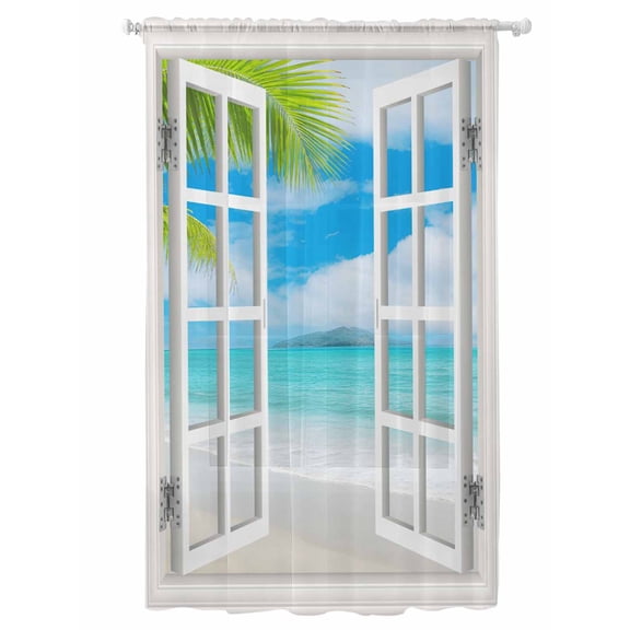 Sheer Curtains 108 Inches Long, Summer Beach Semi Sheer Curtains Light Filtering Window Treatment, Turquoise Window Seascape Seaside Palm Tree Privacy Voile Drapes for Living Room 52x108 Inch