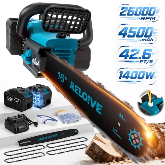 RELOIVE 16" Cordless Electric Chainsaw with Brushless Motor, 26000 RPM, 42.6 FT/S Chain Speed, Two 4.5Ah Batteries, 4 Chains, Handheld Wood Cutting Tool
