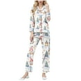 thumbnail image 2 of Conjunto de blusa y pantalón de manga larga con estampado de botones y cuello vuelto para mujer, blusa y pantalón de poliéster para mujer, 2 of 9