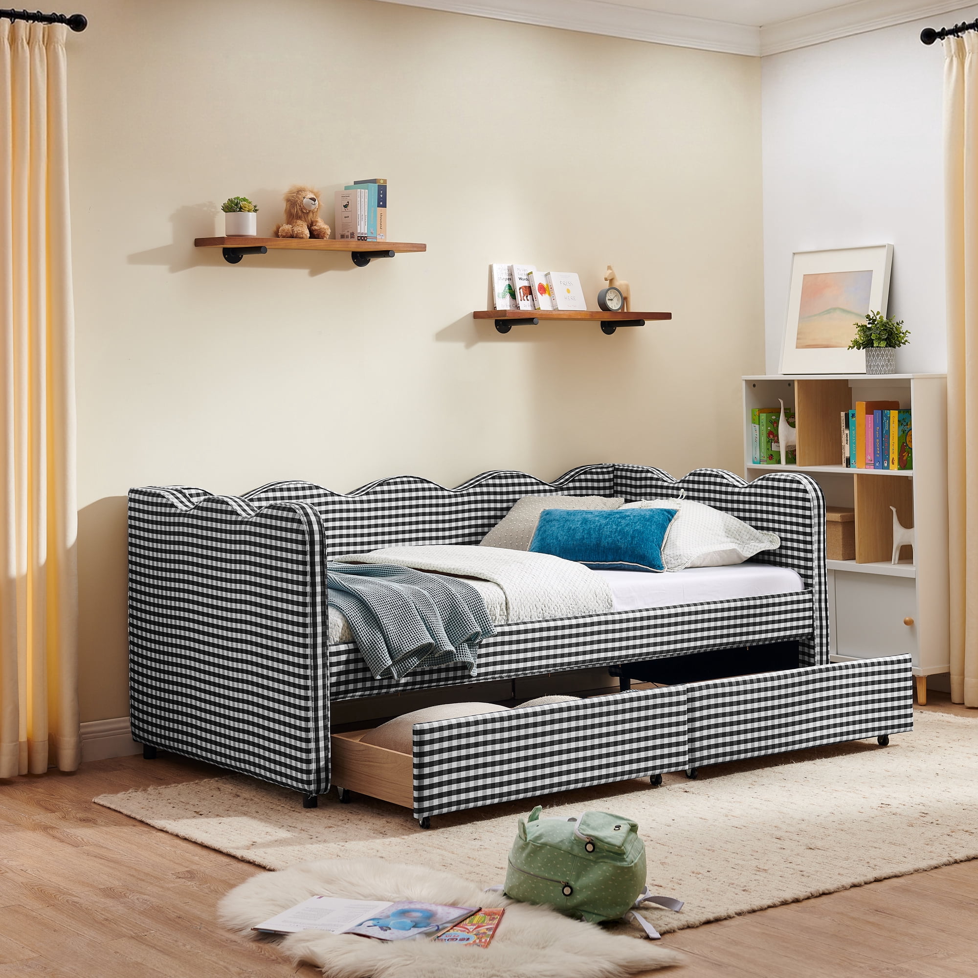 Leumius Twin Size Gingham Daybed with Storage Drawers,Modern Linen Daybed with USB Ports & Wave Shaped,Upholstered Day Bed Frame Sofa Bed for Living Room/Bedroom/Guest Room,Black