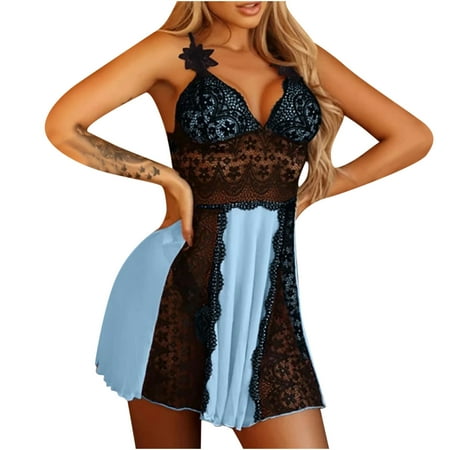 HomeGardon Clearance Plus Size Lingerie for Women Patchwork Pattern Pajamas Sexy V Neck babydoll Chemises Lace Mesh Nightgown S-XXL