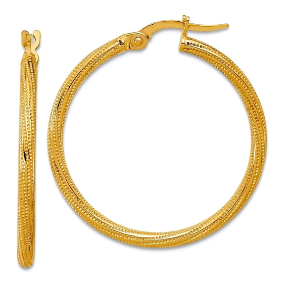14k Solid Yellow Gold Polished and Textured Twisted Tube Hoop Earrings 29.6x28mm Wide 2mm Thick Hoop Earring for Women