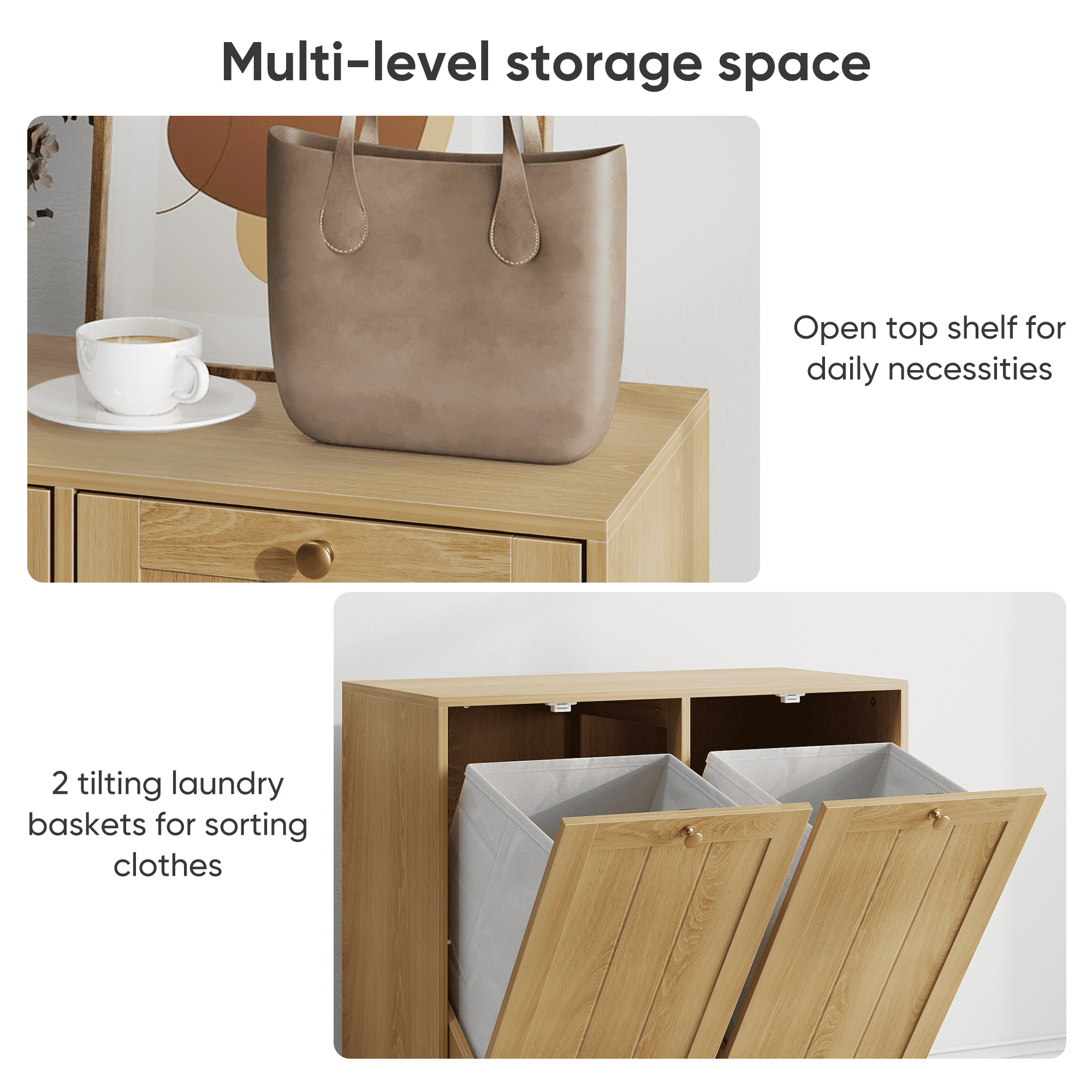 Leumius Tilted Laundry Hamper with Removable Basket, Hidden Laundry Hamper, Bathroom Laundry Hamper Storage Cabinet, Free-Standing Home Organizer Oak
