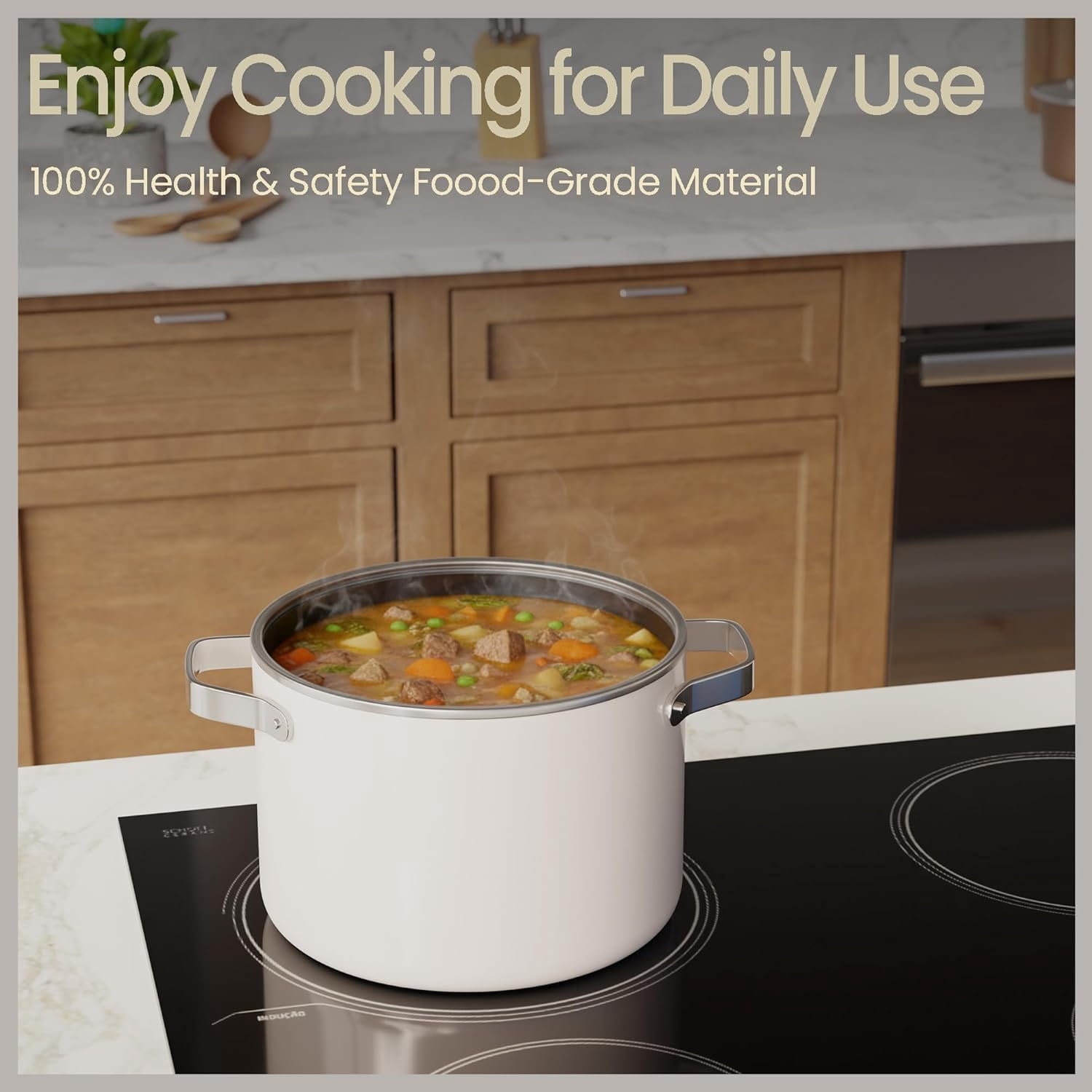 Bakken 5 Quart Ceramic Coated Stock Pot with Glass Lid, Nonstick, Oven Safe to 500°F, Stainless Steel Handles, All Stove Compatible, Cream