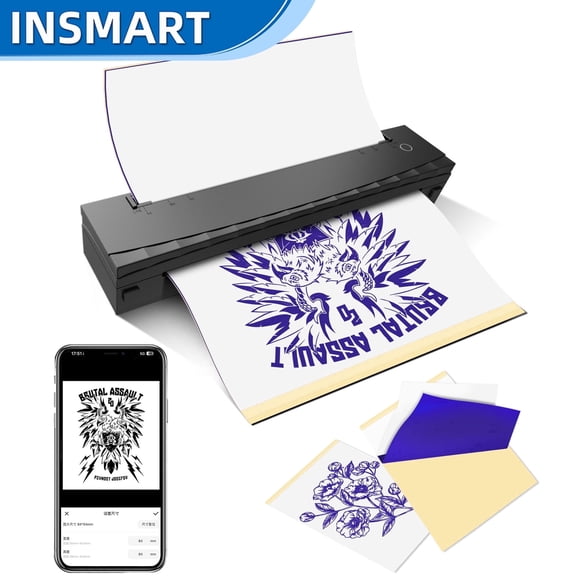 INSMART Tattoo Stencil Printer Machine, Wireless Thermal Printer, Portable Tattoo Printer Kit with 20 Pcs Transfer Paper, Bluetooth Compatible with iOS, Android, Laptop
