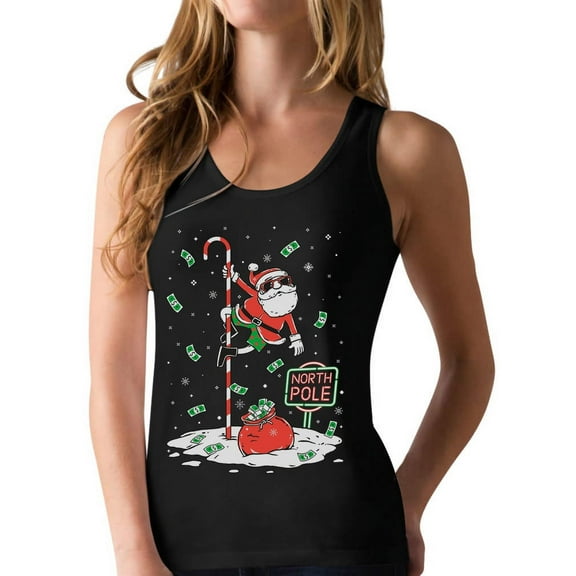 Santa North Pole Christmas Tank Top Women Teen Girls Funny Xmas Racerback Tops Large Black