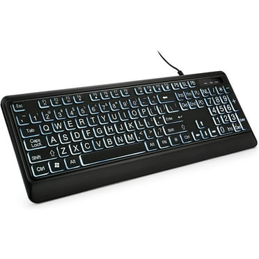 Large Print Backlit Keyboard, Quiet USB Wired Computer Keyboard, Full Size Keyboard with White Illuminated LED Compatible for Windows Desktop, Laptop, PC, Gaming, Black
