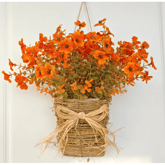 Fall Wreath for Front Door, Fall Decoration for Home Artificial Fall Hanging Basket with Orange Autumn Flowers & Eucalyptus, Rustic Woven Basket for Front Door Porch Thanksgiving