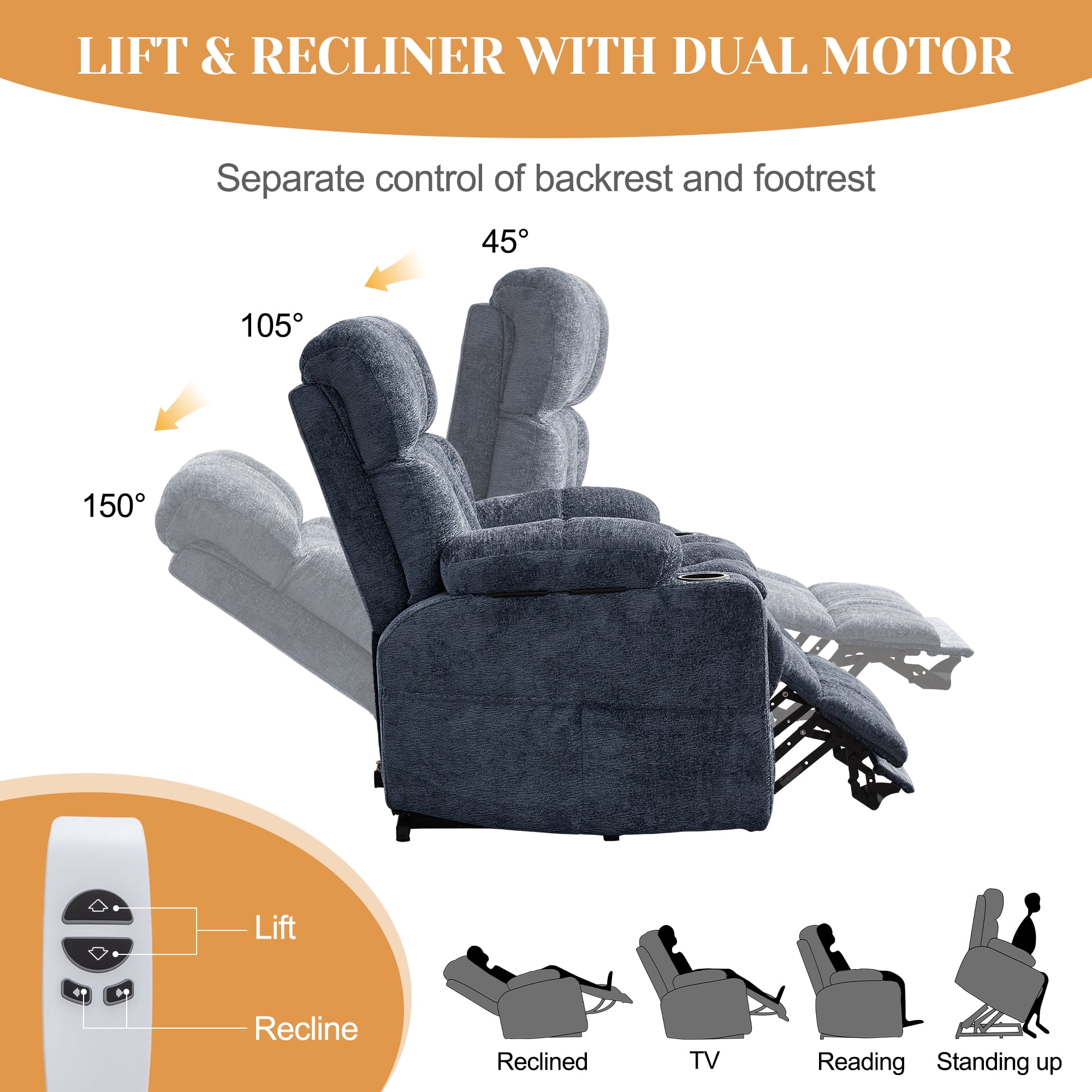 Korser Oversized Dual Motor Power Lift Recliner for Elderly with Adjustable Headrest,Massage Recliner Chair with USB Ports & Type C Electric Lift Chair with Storebox Cupholder for Living Room,Blue