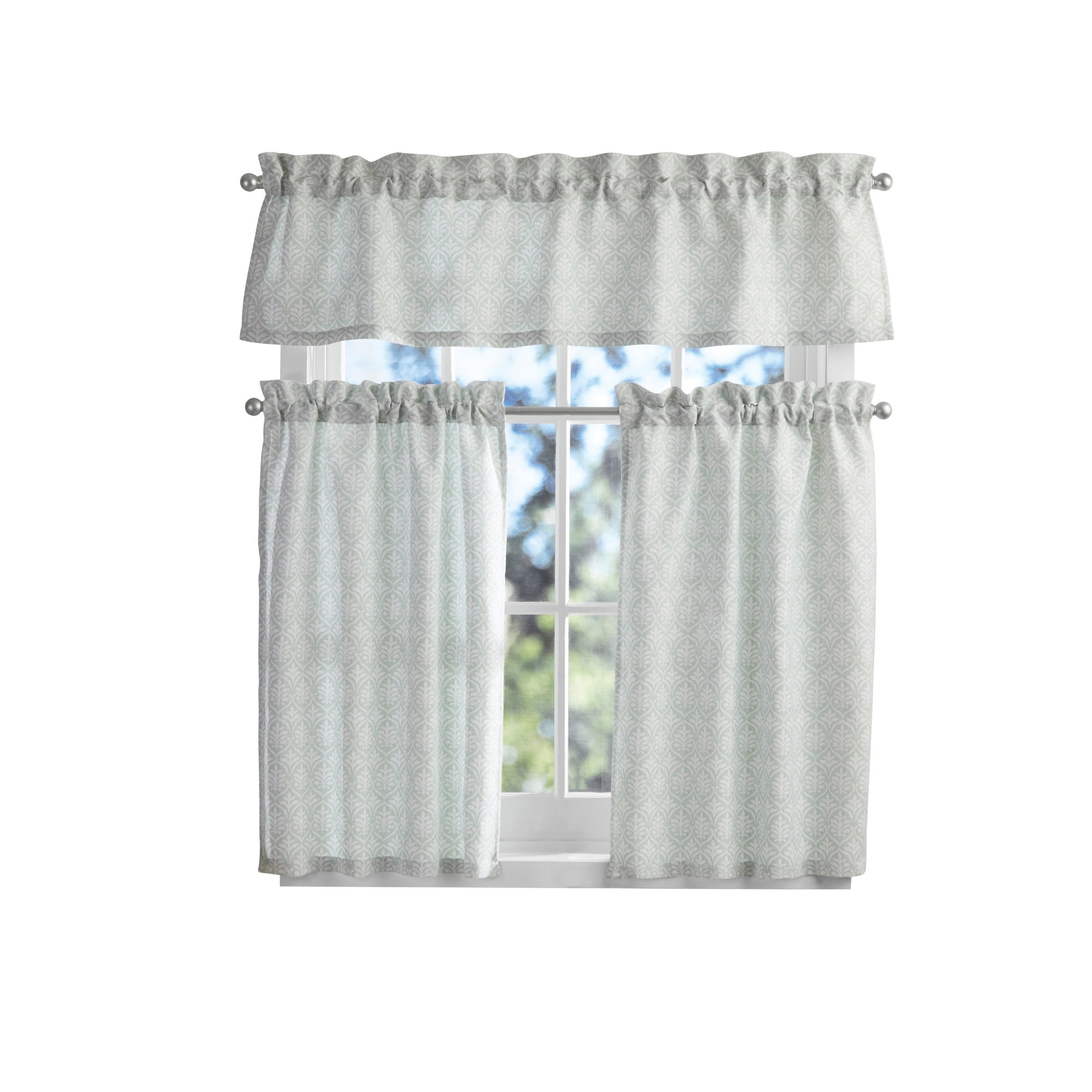 Mainstays 3 Piece Printed Tiers and Valance Set - Green Leaf, Seafoam, Recycled Polyester, BCI Cotton, 56"W x 14"L, Indoor Curtain, Adult